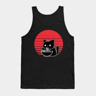 Cute Black Cat Eating Ramen Noodles Sunset Background Tank Top